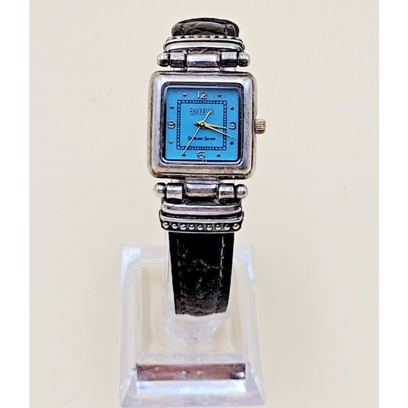 STERLING SILVER Ecclissi 22490 Case Turquoise Dial Square Dress Watch Vtg main image 12